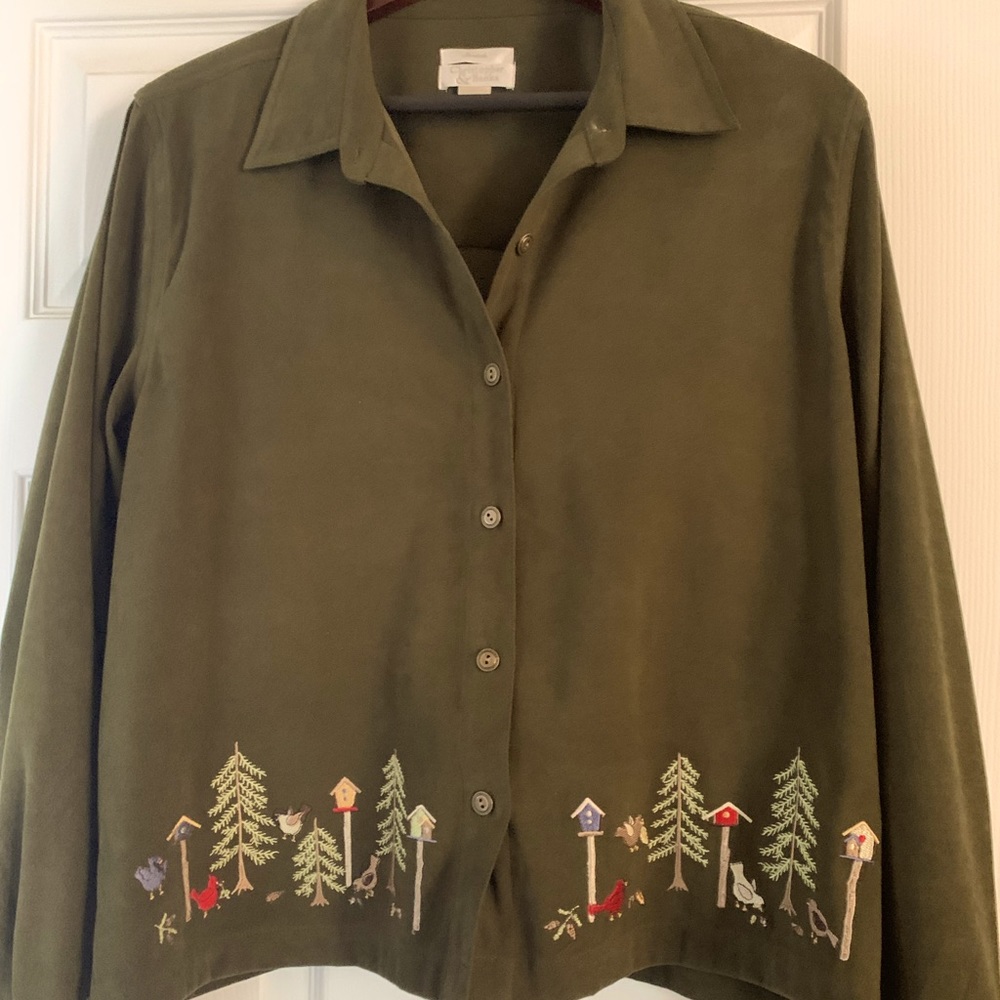 Christopher & Banks Large Embroidered Pines & Birds Frnt/Back LARGE cuffed shirt